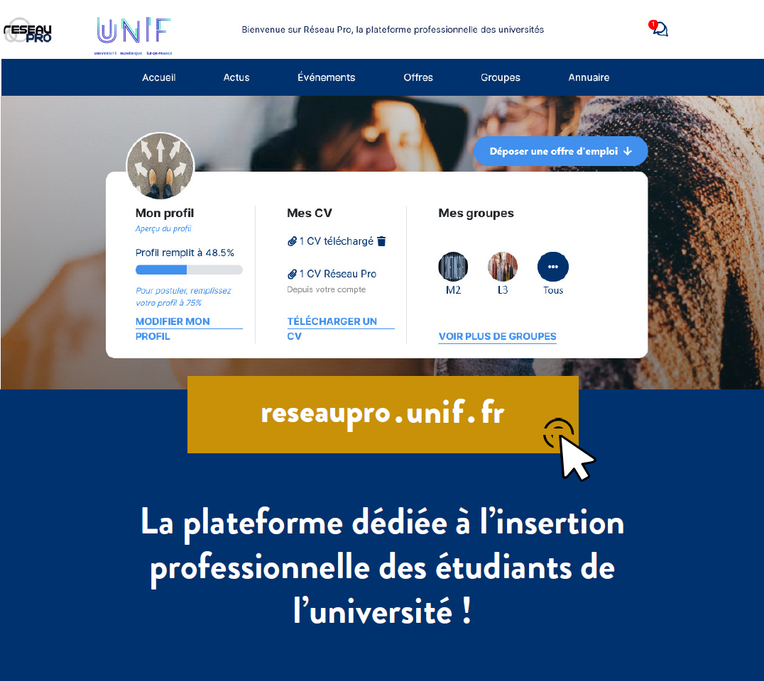 Page "Mon profil" de Réseau Pro, le portail d'insertion professionnelle des université franciliennes.