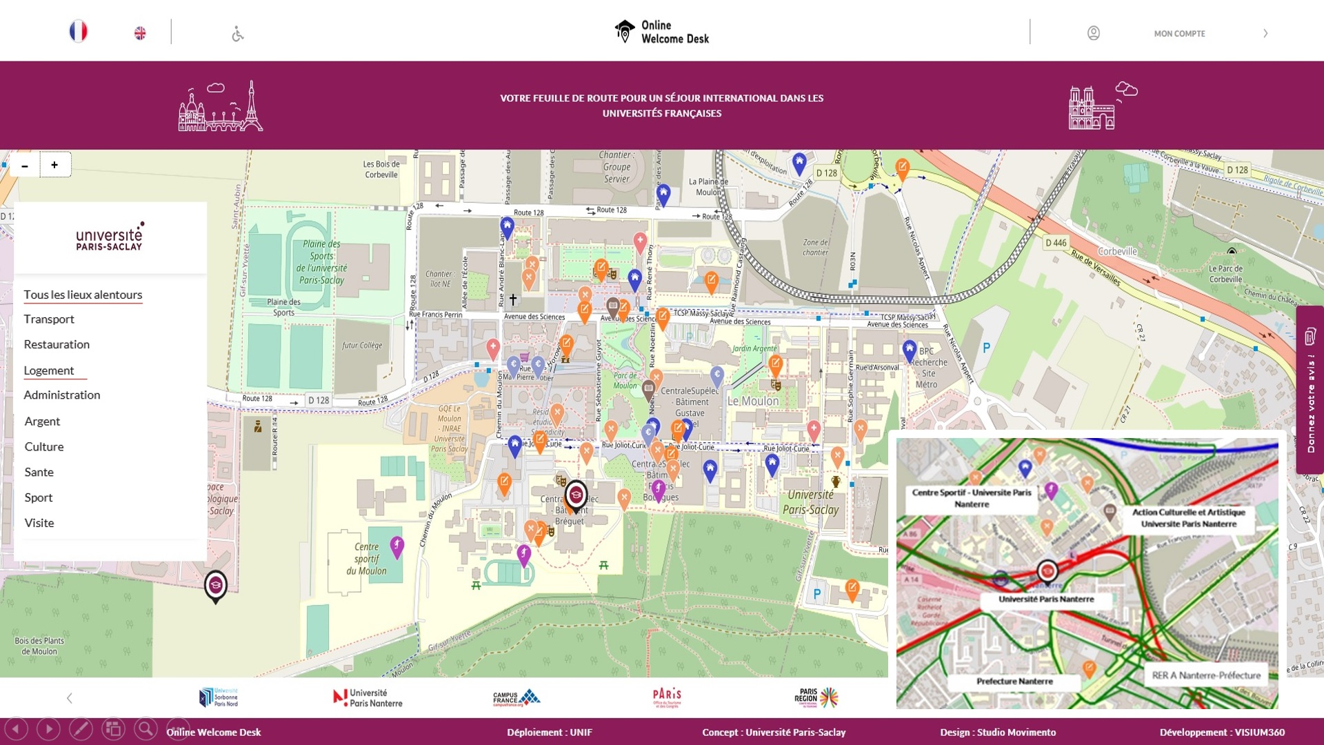 Carte géographique permettant aux chercheurs et aux étudiants internationaux de se projeter dans leur nouvel environnement, disponible sur Online Welcome Desk, le portail développé par l'UNIF pour l'accueil des chercheurs et des étudiants internationaux.